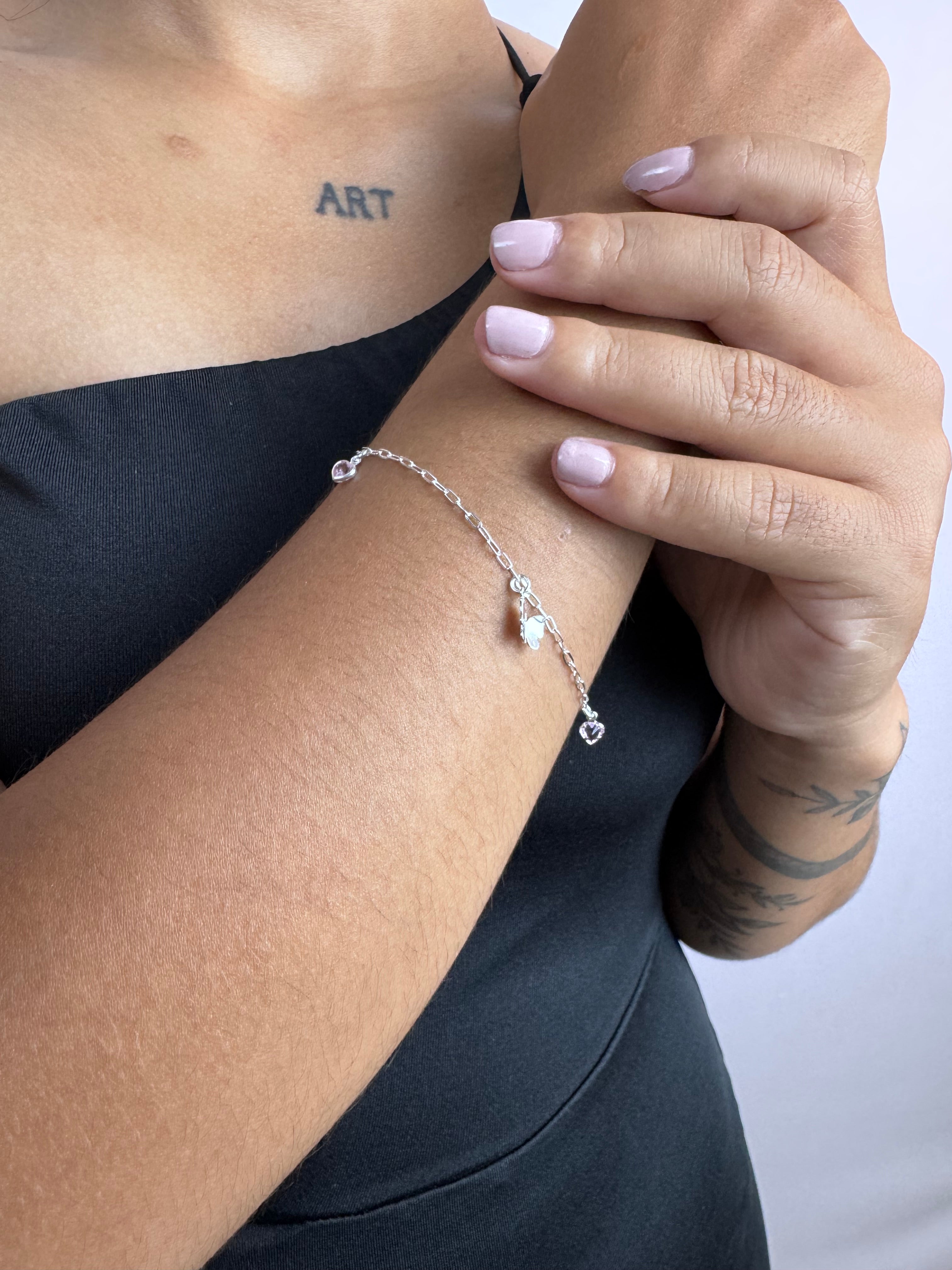 Pulseira Coração Rosa Prata 925