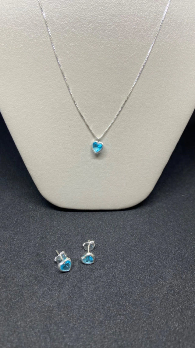 Conjunto Coração Azul Claro Prata 925