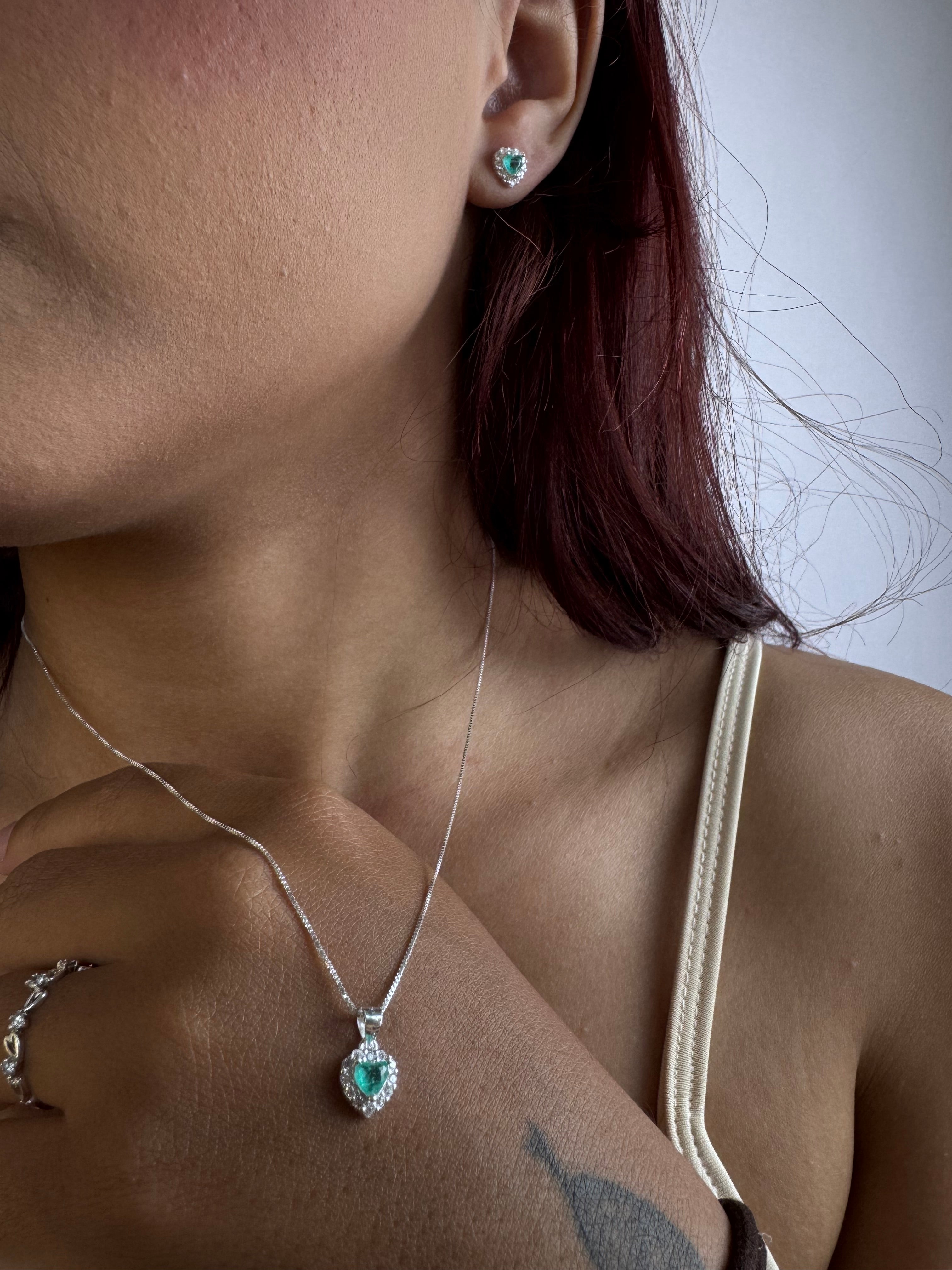 Conjunto Cravejado Verde Thifany Luxo Prata 925