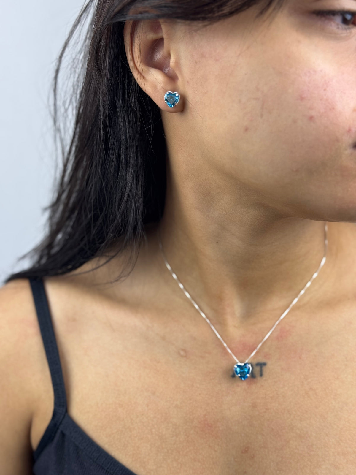 Conjunto Azul Coração Prata 925