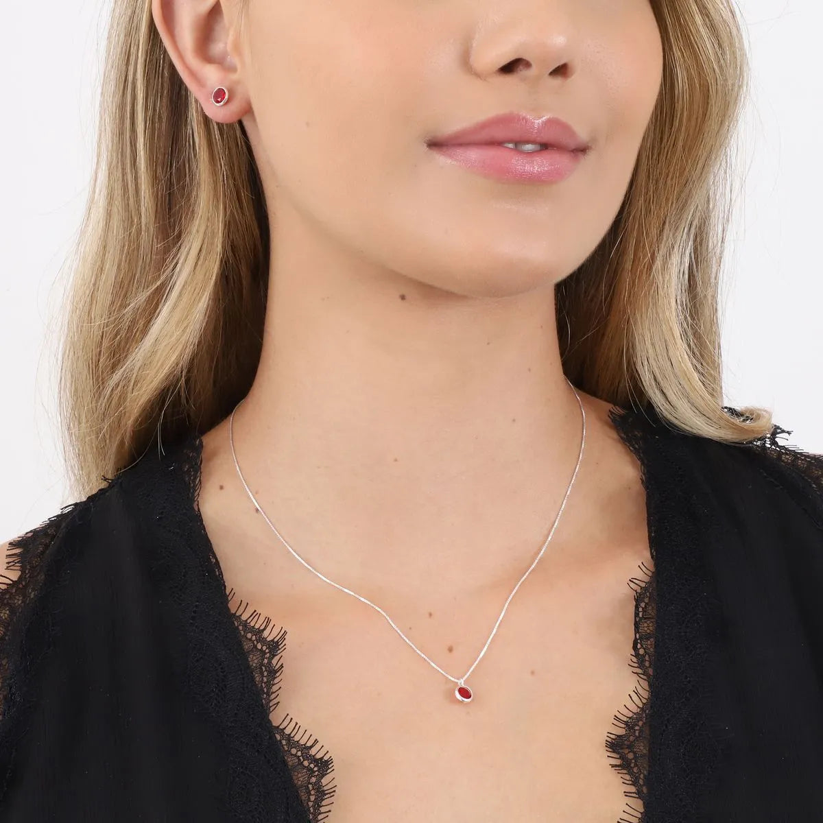 Conjunto Vermelho Bolinha Prata 925