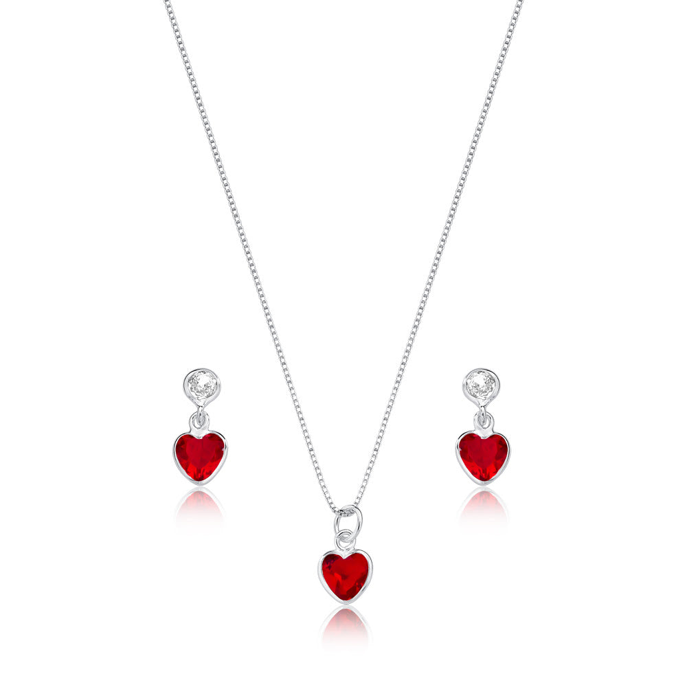 Conjunto Coração Vermelho Prata 925