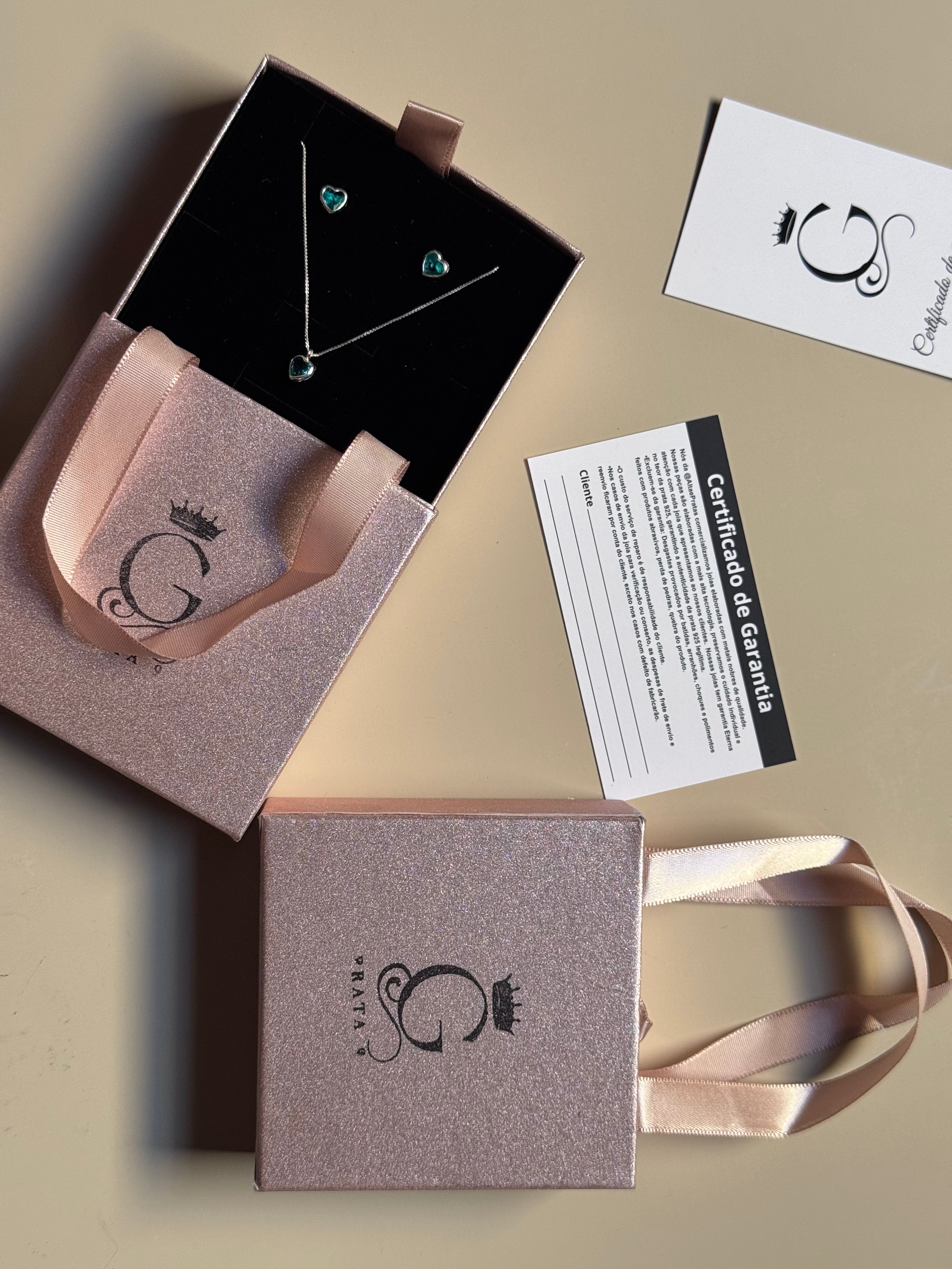 Conjunto Coração Verde Thifany Prata 925