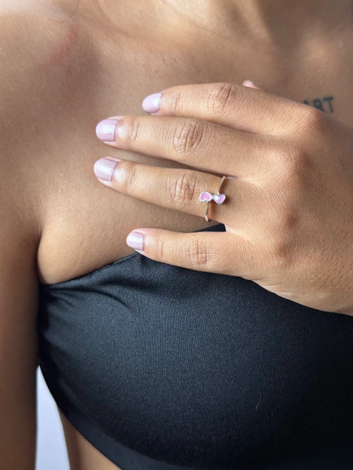 Anel Corações Rosa Prata 925