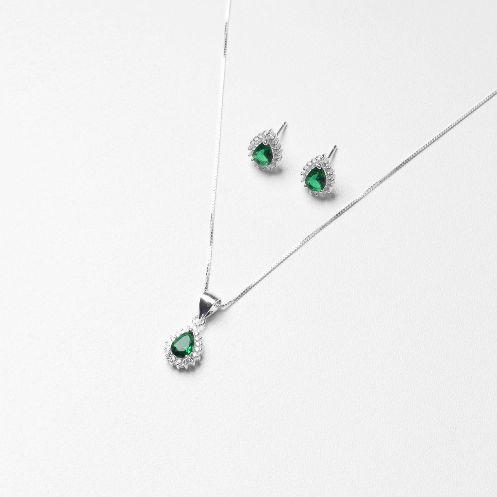 Conjunto Gota Verde Esmeralda Luxo Prata 925
