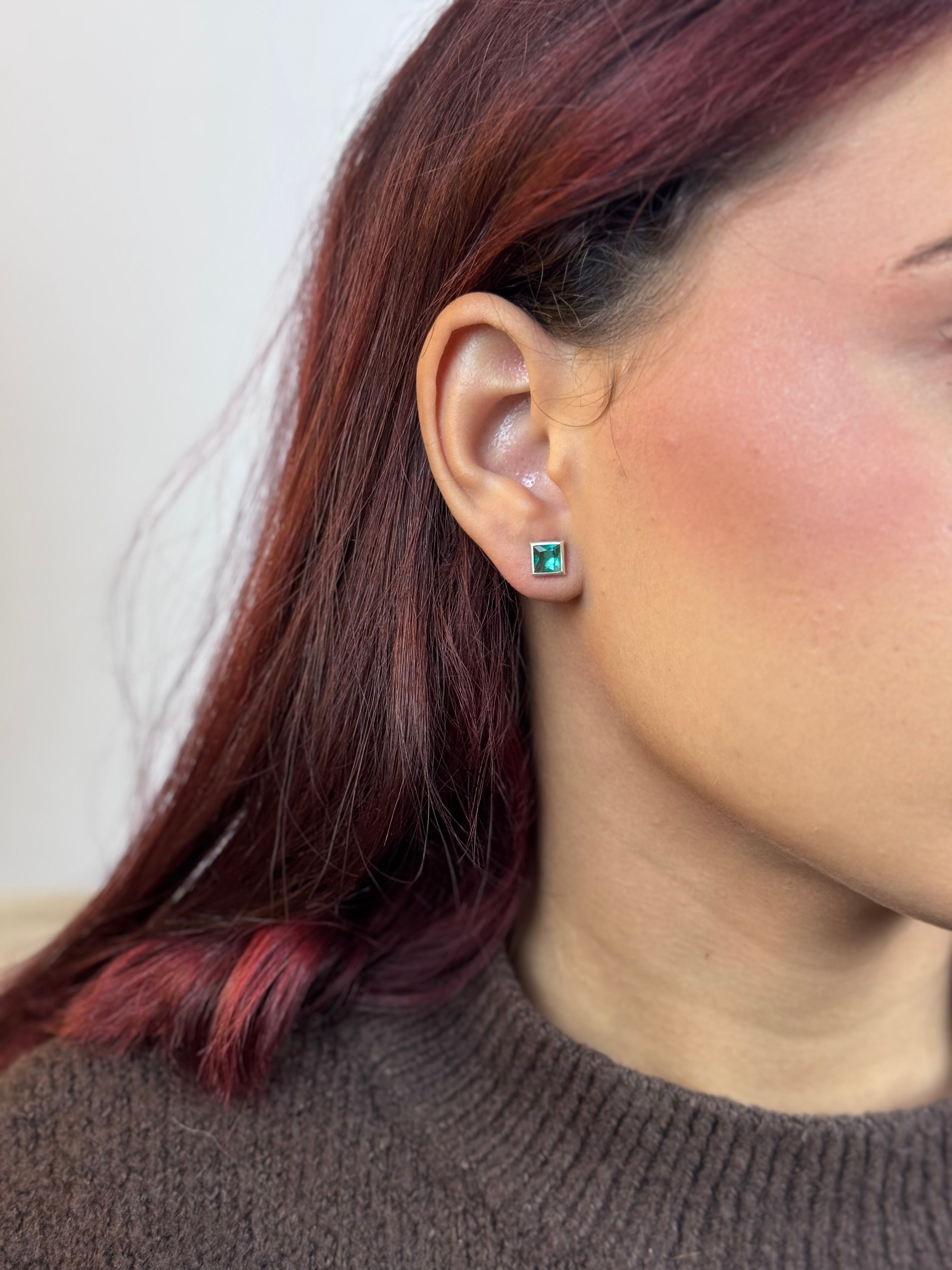 Brinco Quadrado Verde Thifany Prata 925