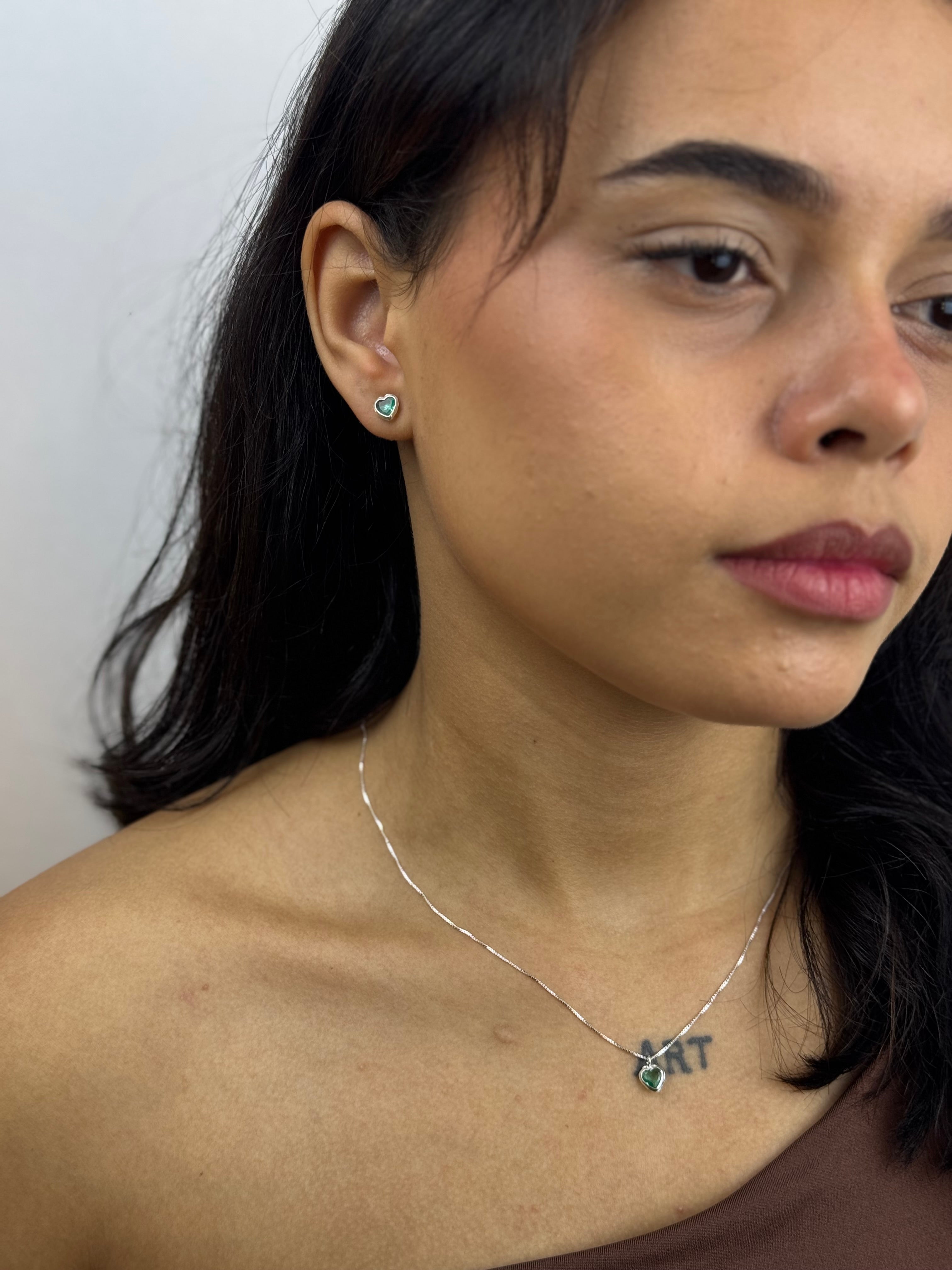 Conjunto Verde Thifany Coração Prata 925