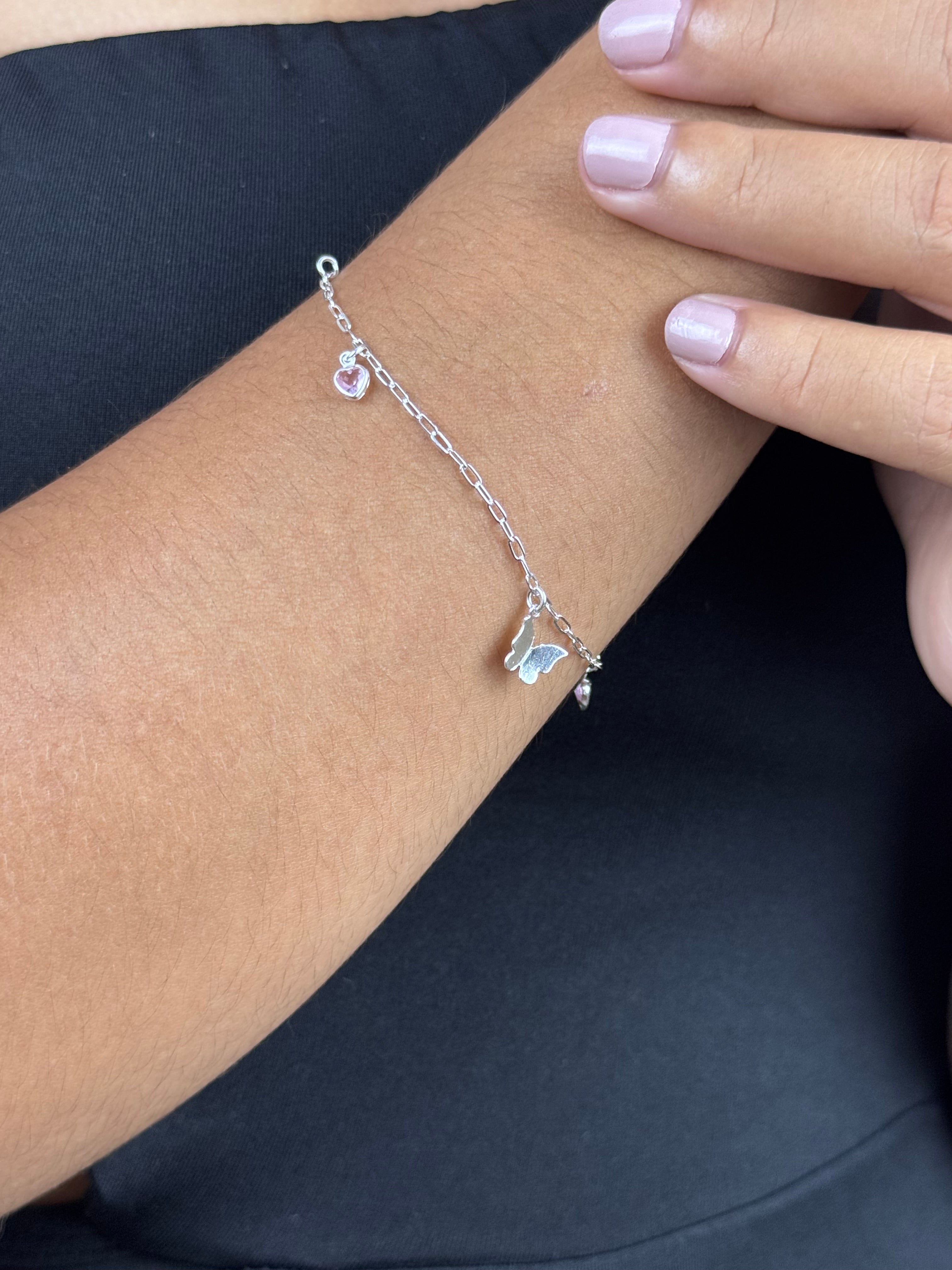 Pulseira Coração Rosa Prata 925