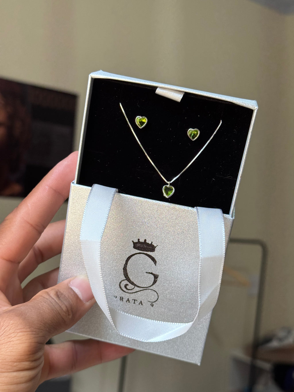 Conjunto Coração Peridoto Prata 925