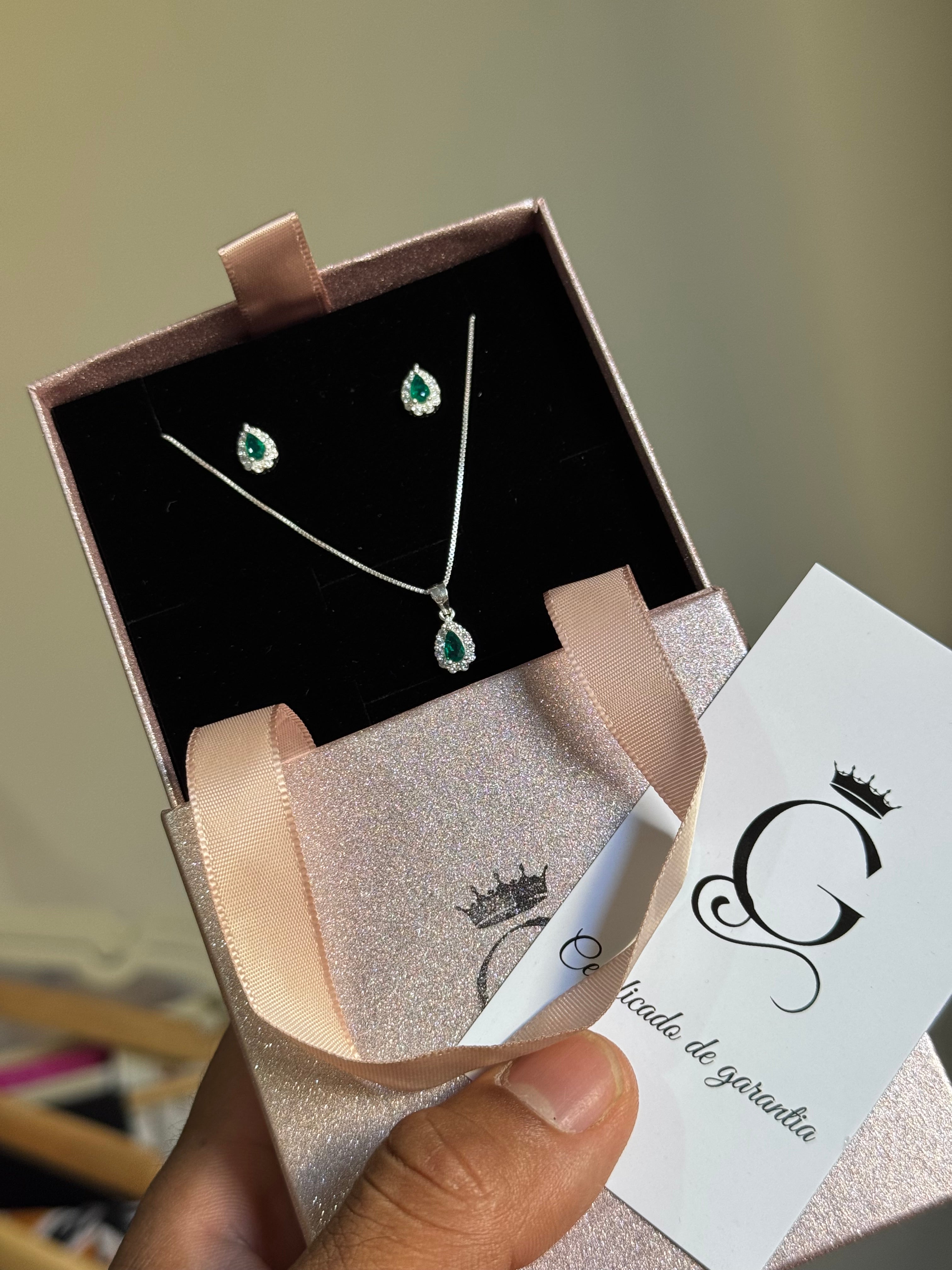 Conjunto Gota Verde Esmeralda Luxo Prata 925