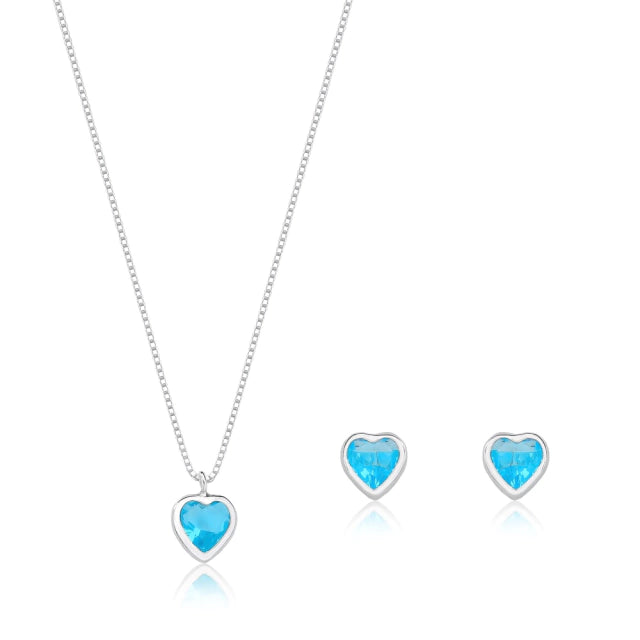 Conjunto Coração Azul Claro Prata 925