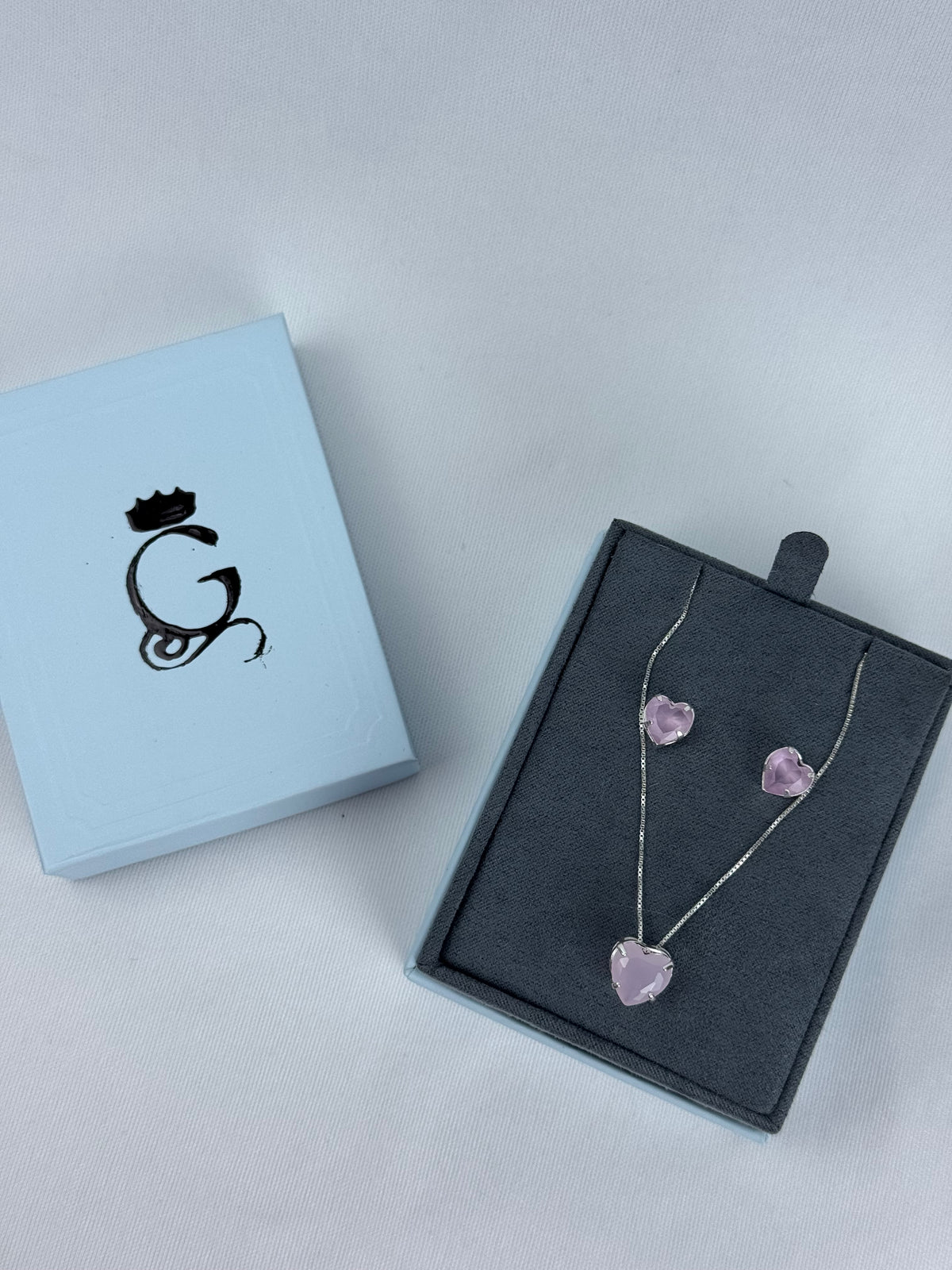 Conjunto Rosa Coração Prata 925