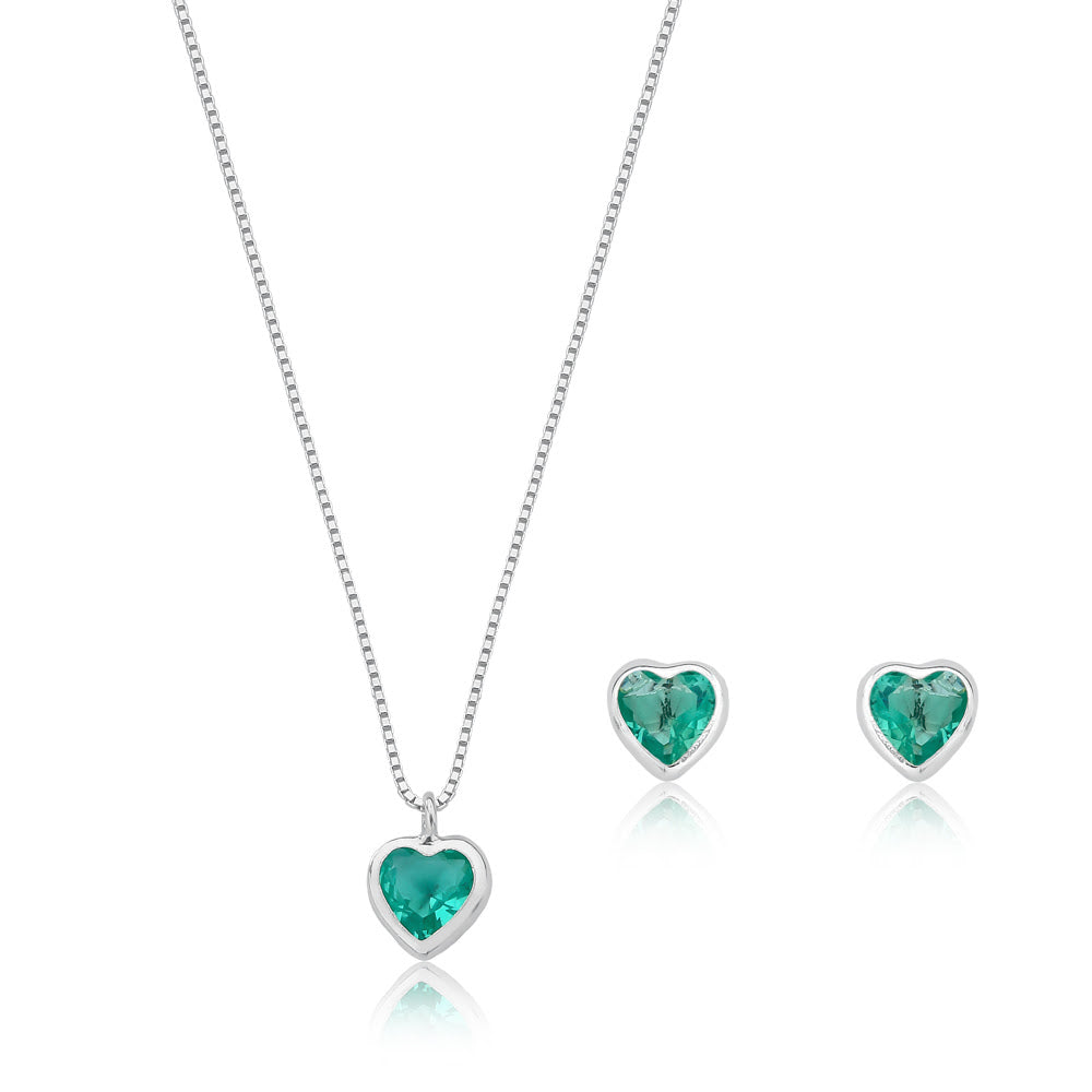Conjunto Coração Verde Thifany Prata 925