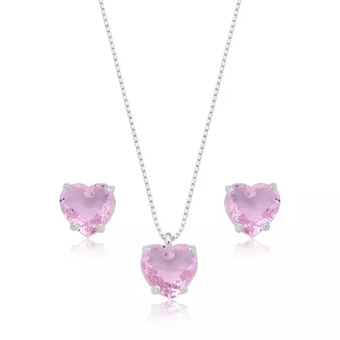 Conjunto Rosa Coração Prata 925