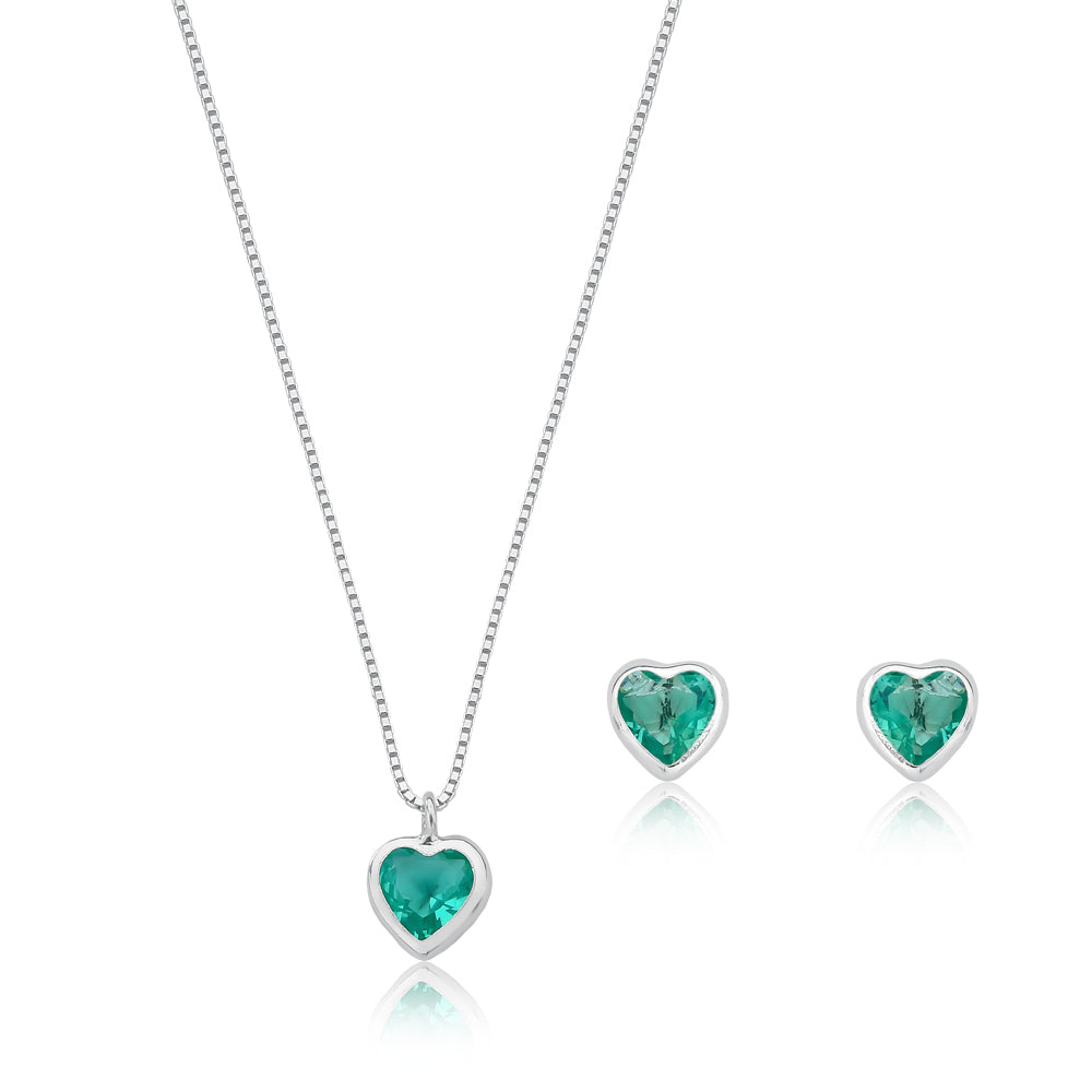 Conjunto Verde Thifany Coração Prata 925