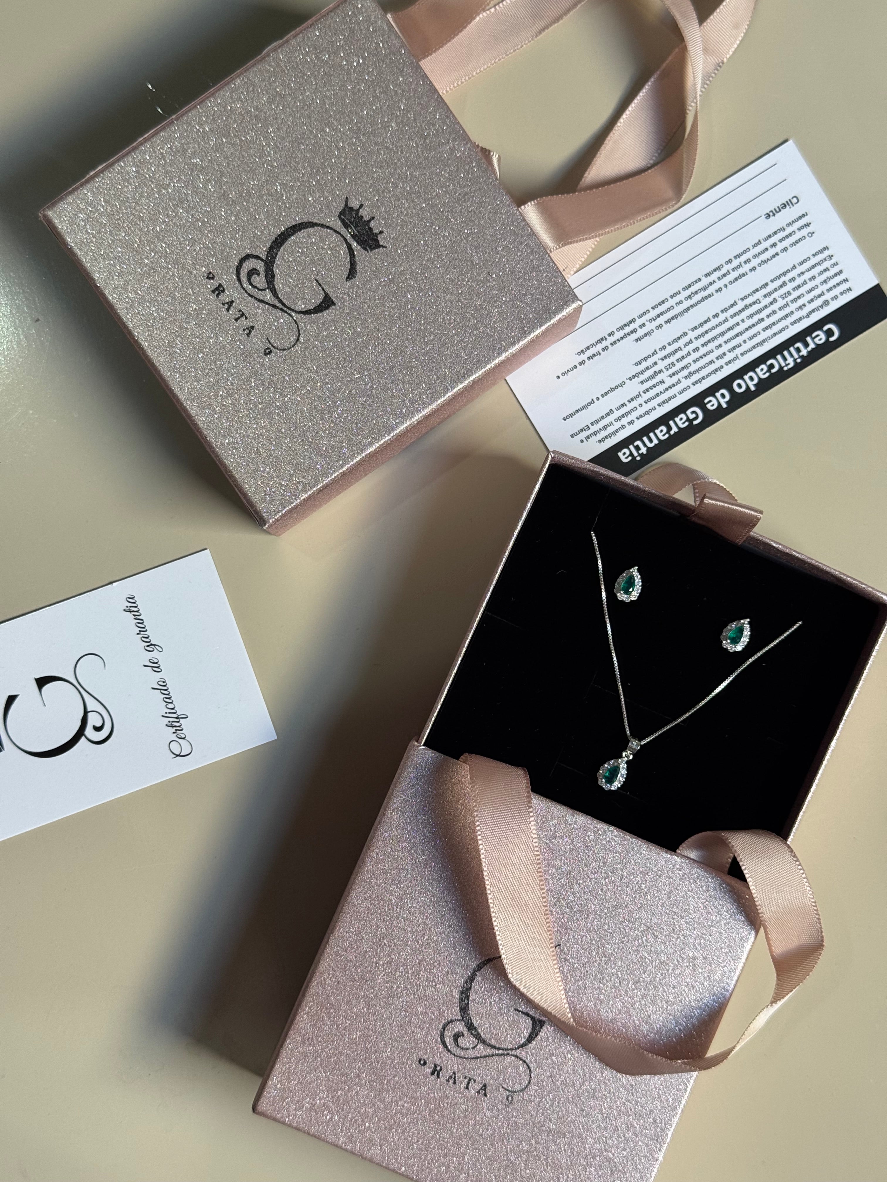 Conjunto Gota Verde Esmeralda Luxo Prata 925