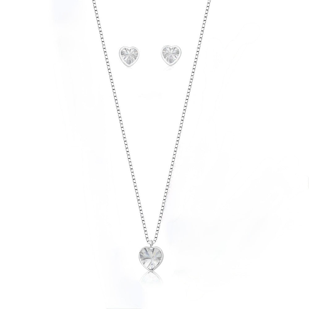 Conjunto Cristal Coração Prata 925