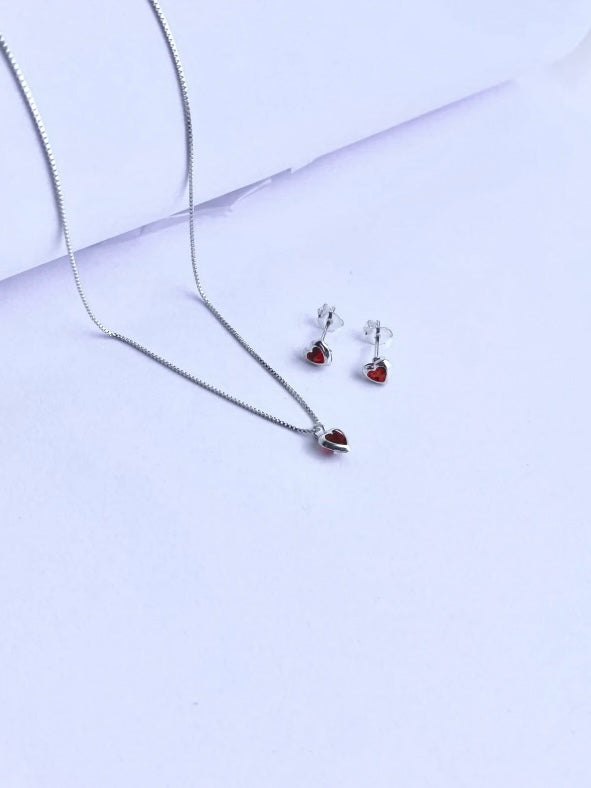 Conjunto Coração Vermelho Prata 925