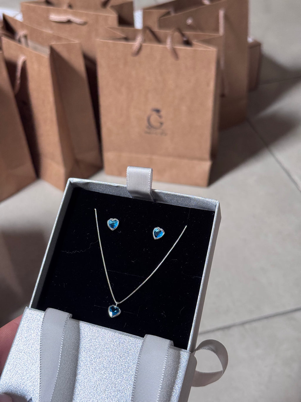 Conjunto Coração Azul Claro Prata 925