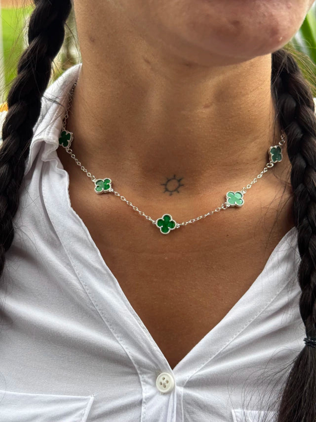 Colar Trevo Verde Prata 925