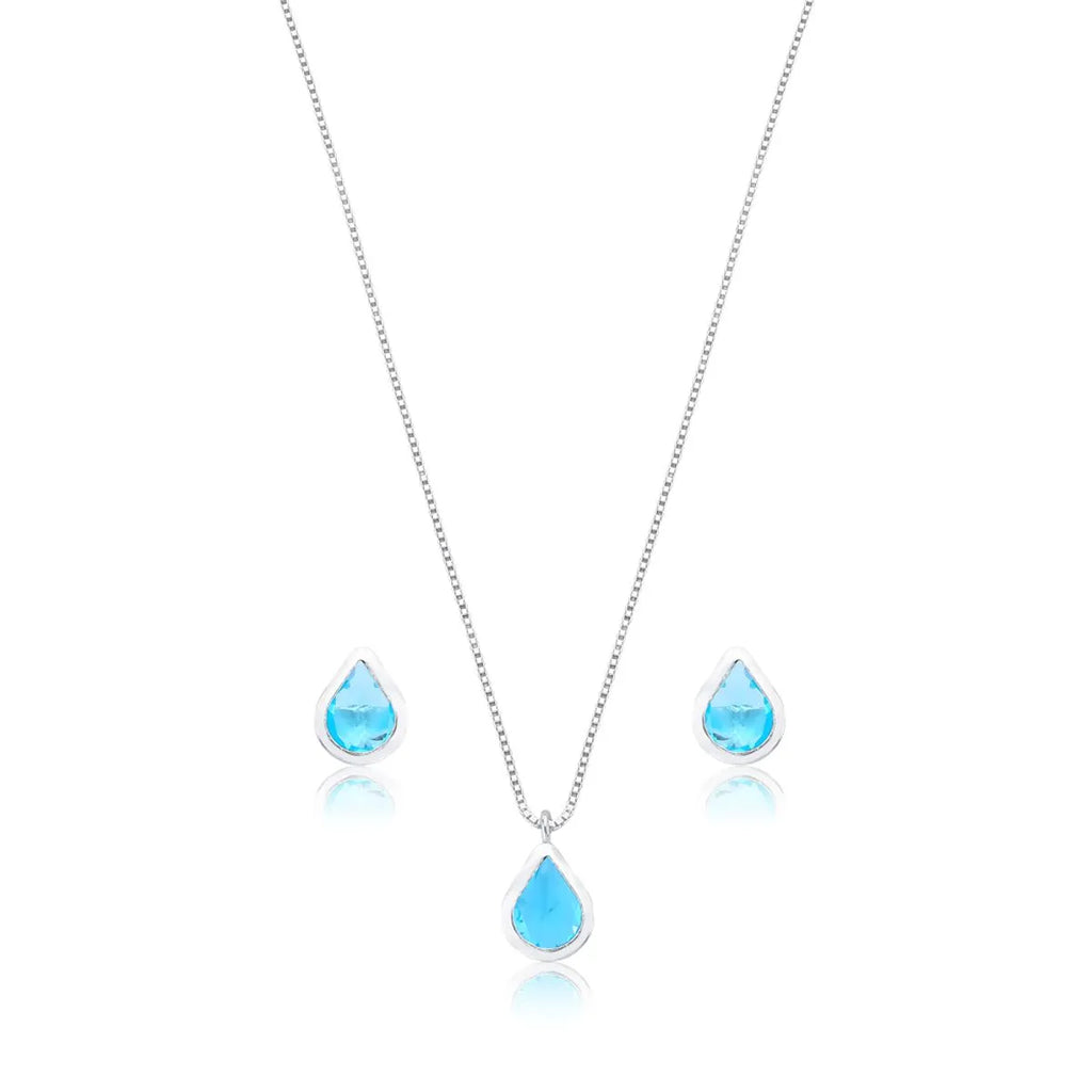 Conjunto Gota Azul Claro Prata 925