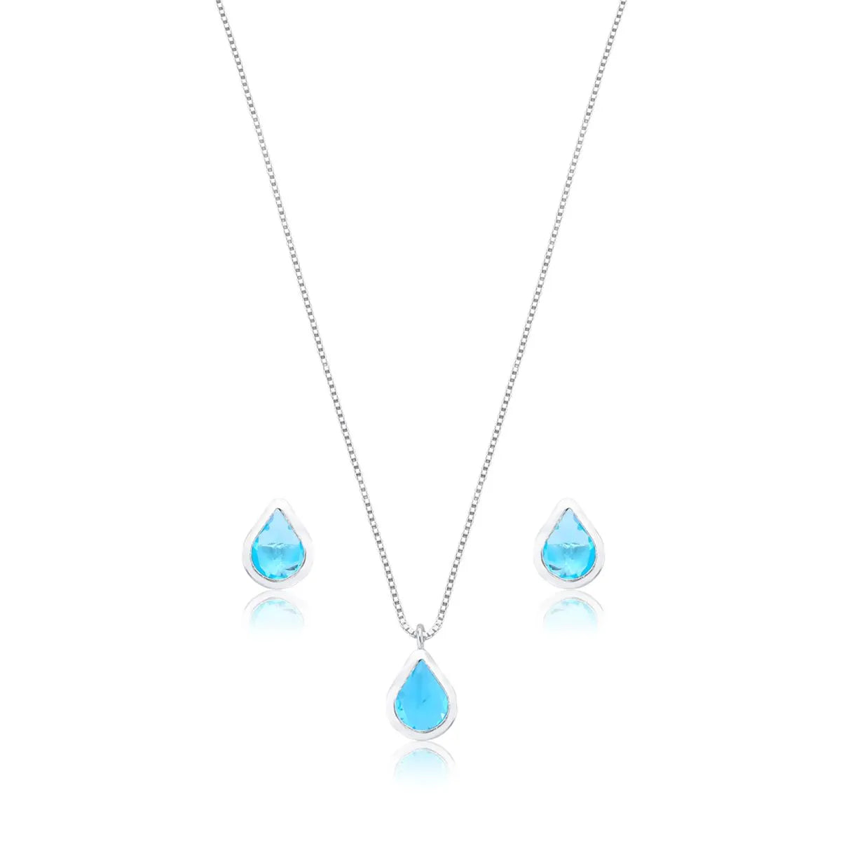 Conjunto Gota Azul Claro Prata 925