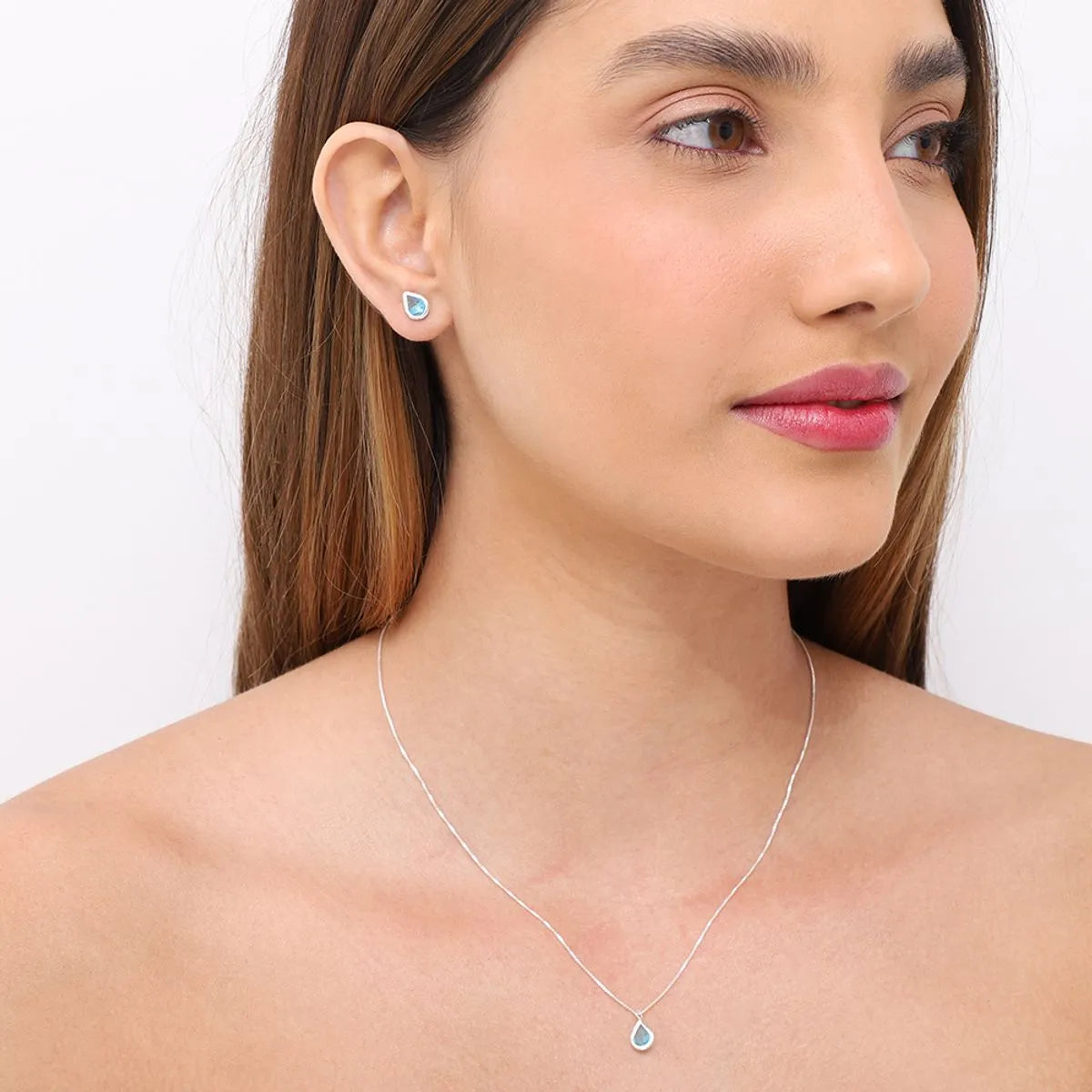 Conjunto Gota Azul Claro Prata 925