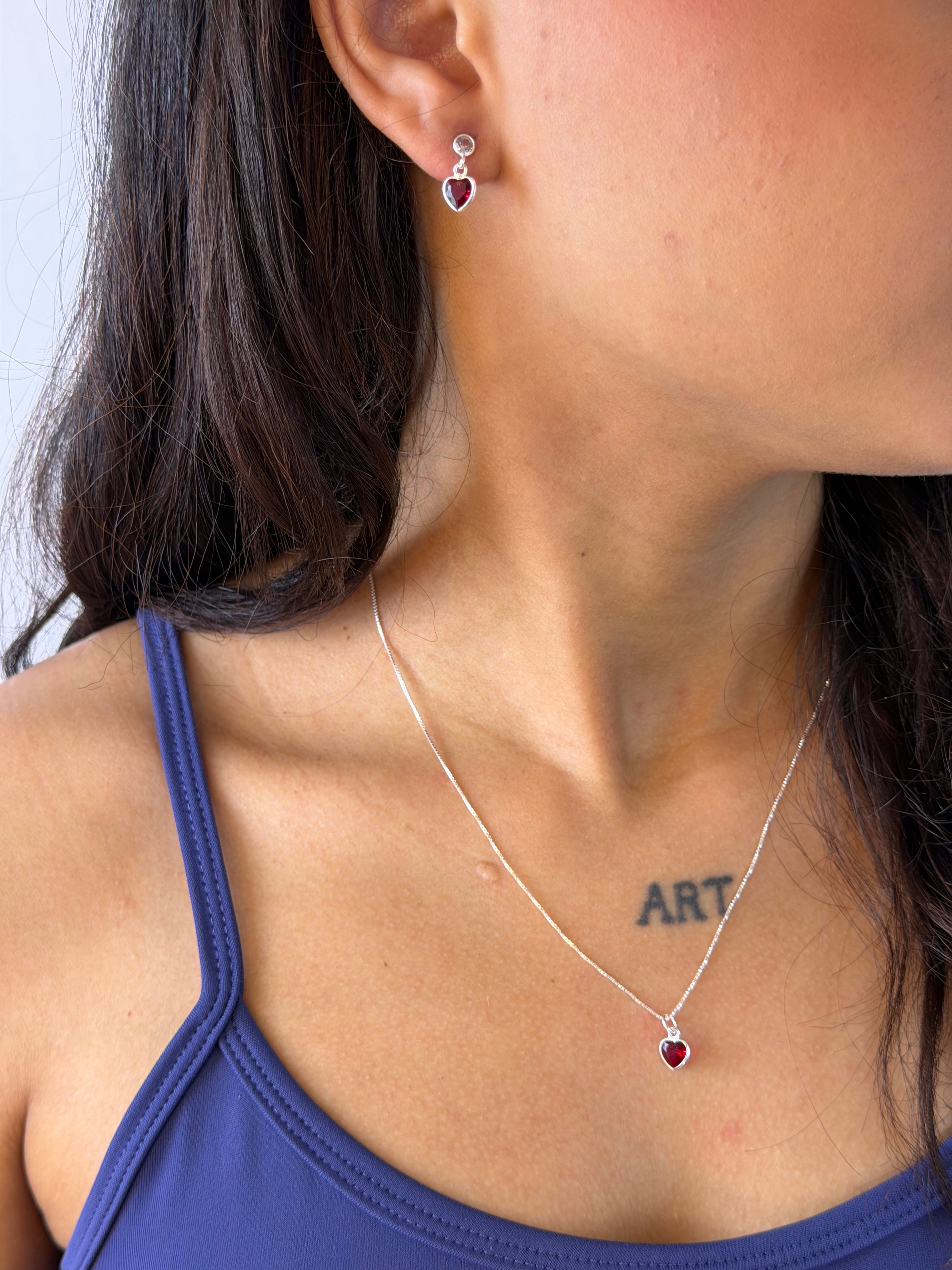 Conjunto Coração Vermelho Prata 925