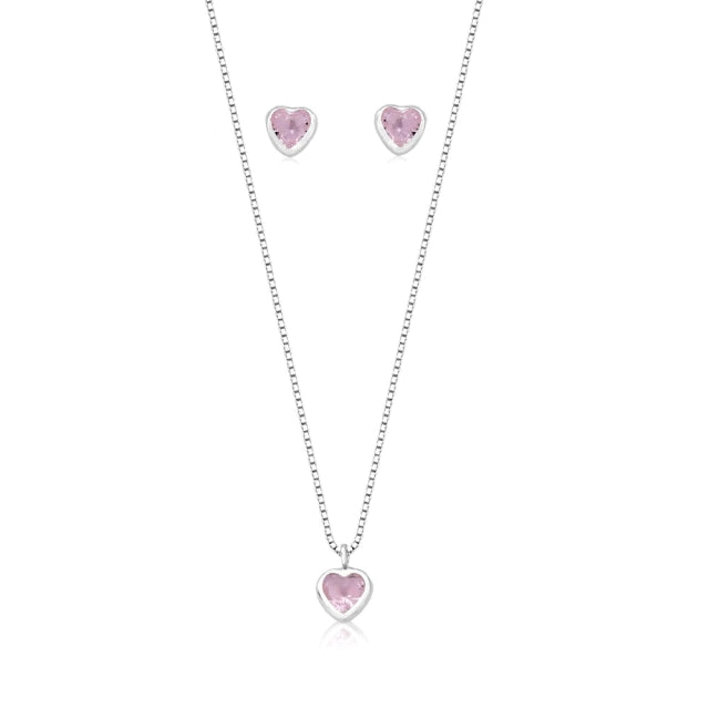 Conjunto Coração Rosa Prata 925