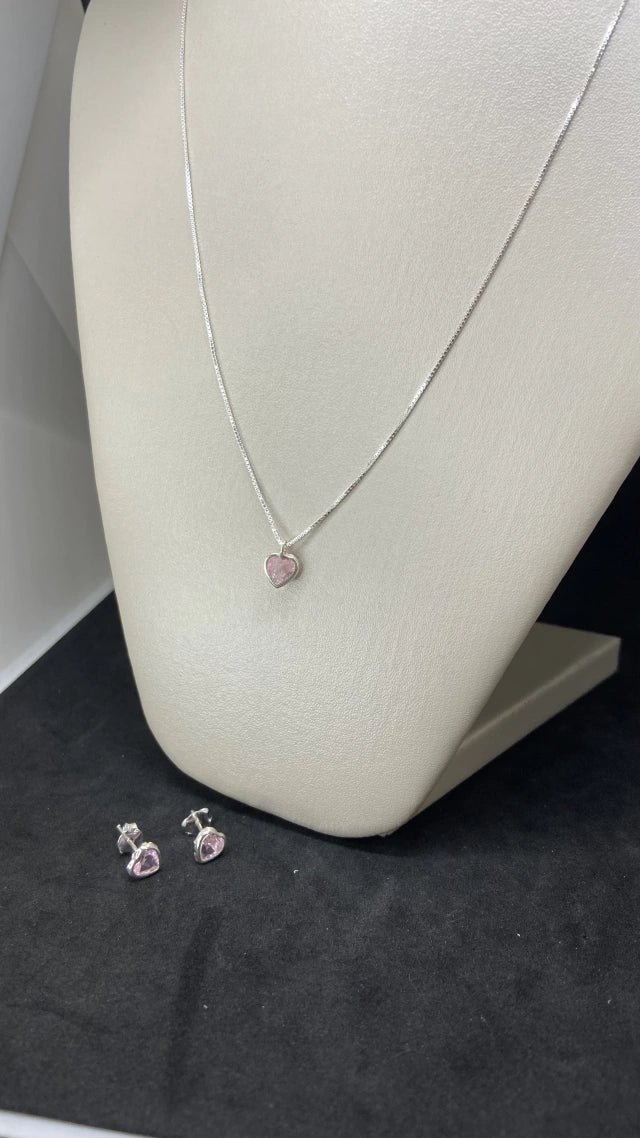 Conjunto Coração Rosa Prata 925