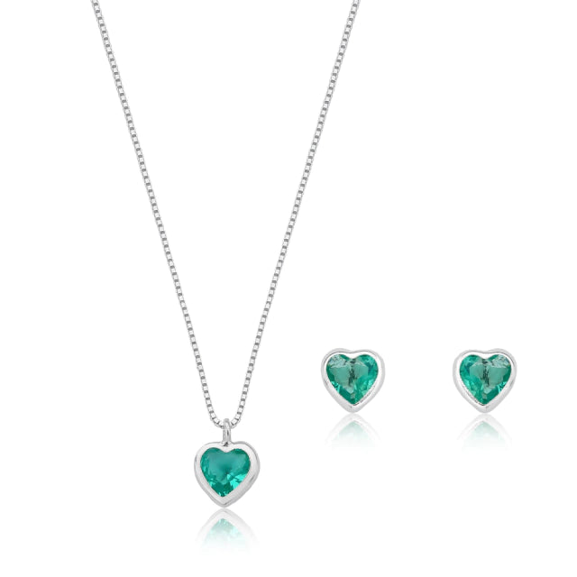 Conjunto Coração Verde Thifany Prata 925