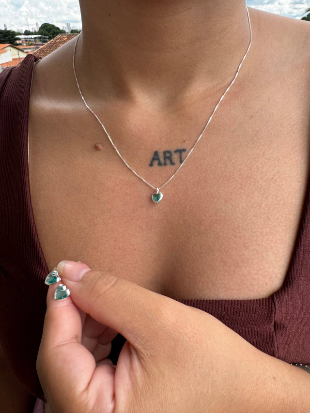 Conjunto Coração Verde Thifany Prata 925