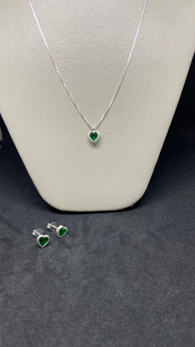 Conjunto Coração Verde Esmeralda Prata 925
