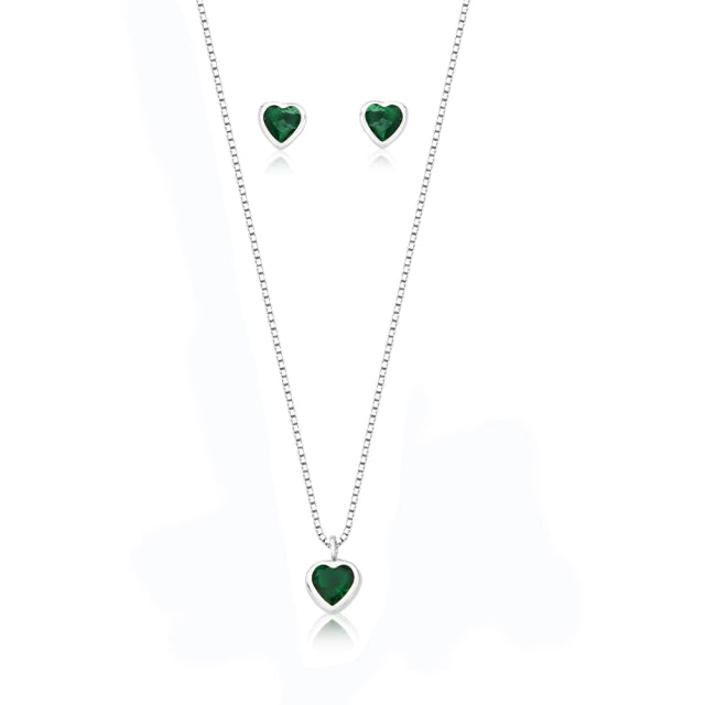 Conjunto Coração Verde Esmeralda Prata 925