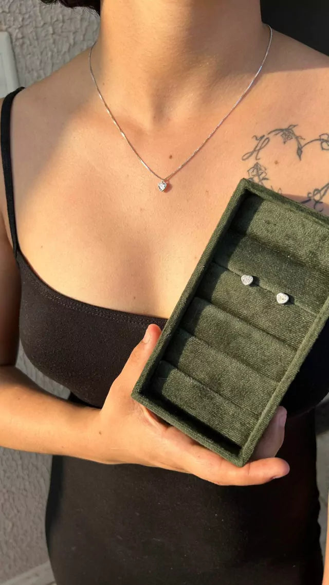 Conjunto Coração Cristal Transparente prata 925