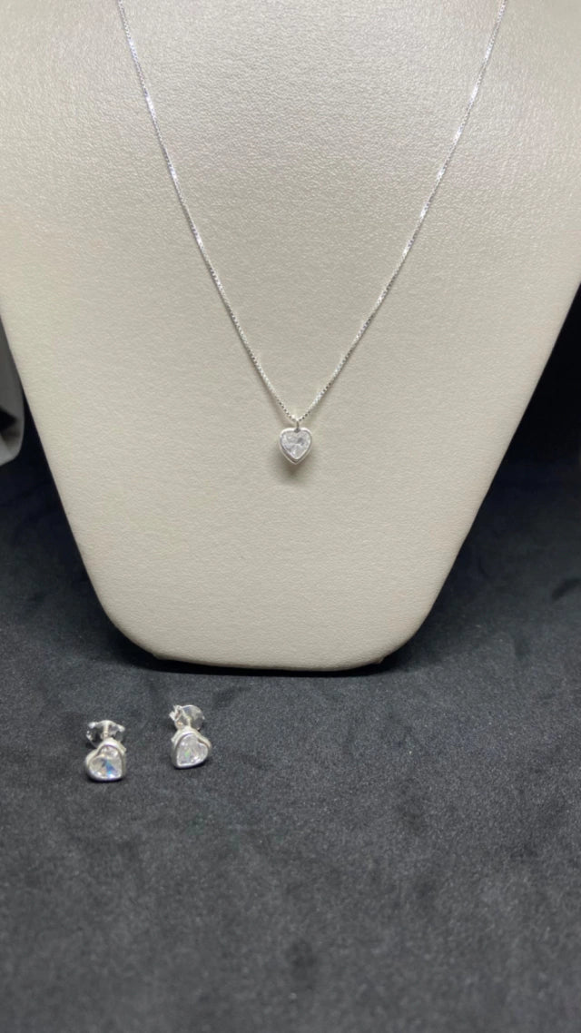 Conjunto Coração Cristal Transparente prata 925